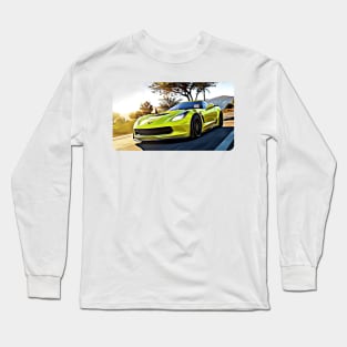 C7 Corvette Yellow Cartoon Drawing Action Print Long Sleeve T-Shirt